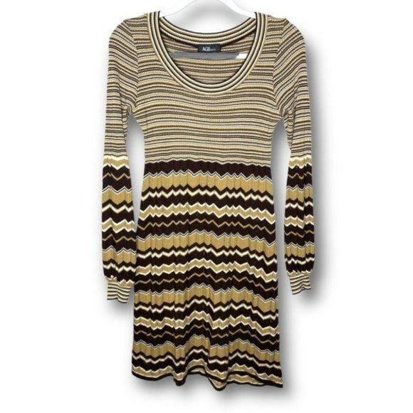 AGB Size M Brown Tan Neutral Stripe Chevron Knit Long Sleeve Flowy Sweater Dress - Picture 1 of 9